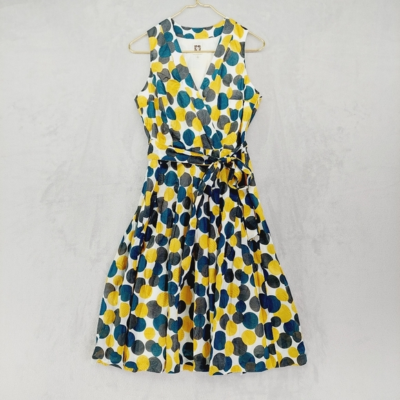 Anne Klein Multicolored Polka Dot Midi Tie Sleeveless Cotton Dress - Picture 2 of 11